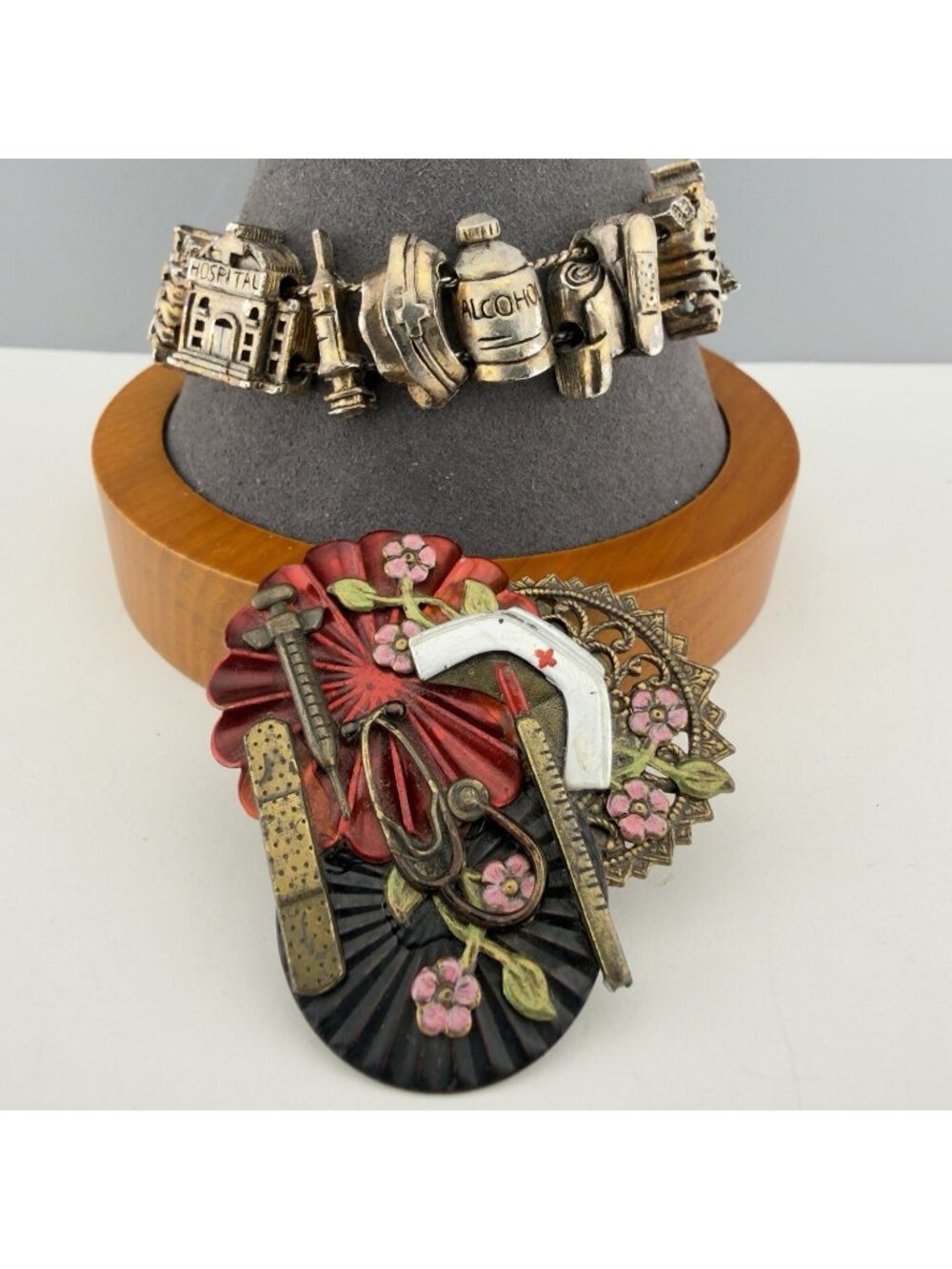 Vintage Nurse Medical Brooch Slide Bracelet Set Enamel Hospital Gift Care Giver